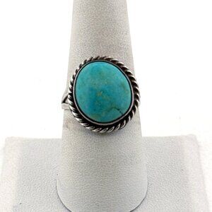 Estate Sterling Silver 960 Turquoise Ring Size 8 Oval Cabochon Vintage Jewelry